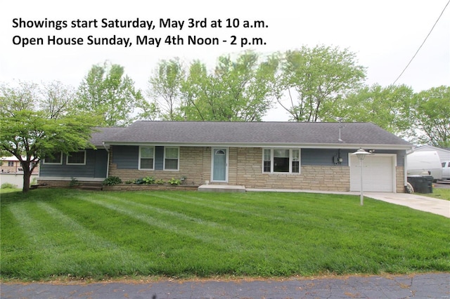 ranch-style home featuring stone siding, a front yard, driveway, and an attached garage