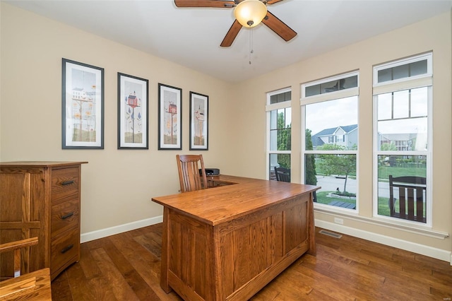 office area featuring visible vents, a ceiling fan, baseboards, and dark wood-style flooring