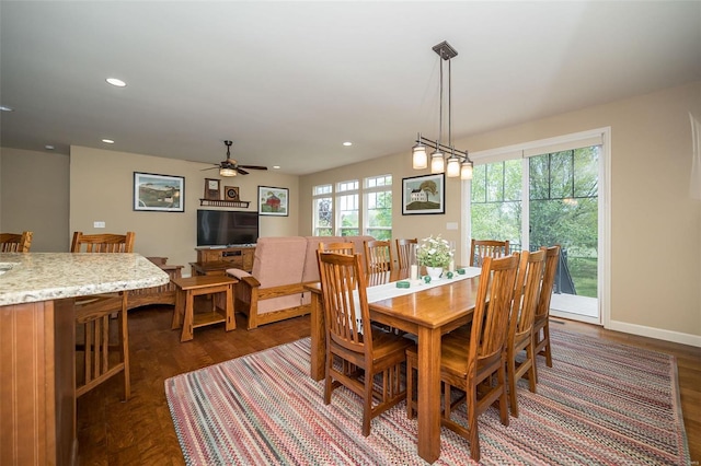 dining room with recessed lighting, baseboards, ceiling fan, and dark wood-style floors