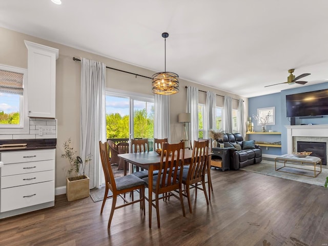 dining room with baseboards, a glass covered fireplace, dark wood-style floors, and ceiling fan with notable chandelier