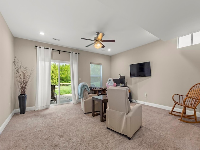 carpeted living room with baseboards, a ceiling fan, recessed lighting, and visible vents