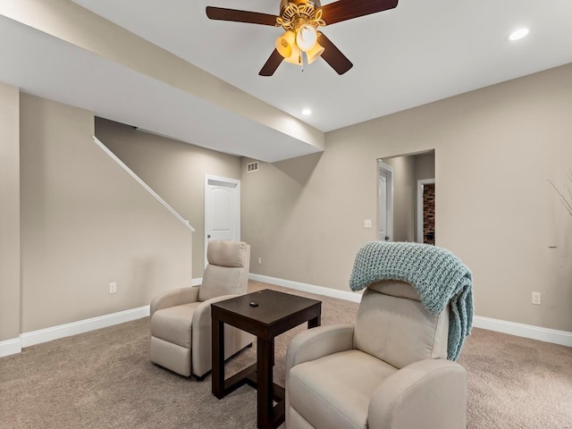 sitting room featuring baseboards, recessed lighting, carpet, and ceiling fan