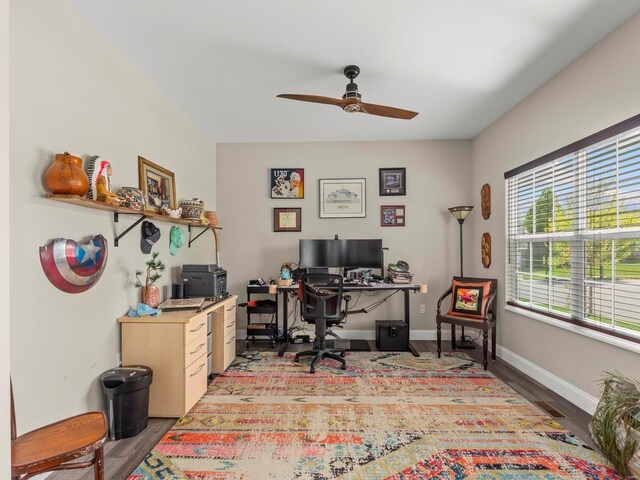 home office featuring baseboards, ceiling fan, visible vents, and wood finished floors