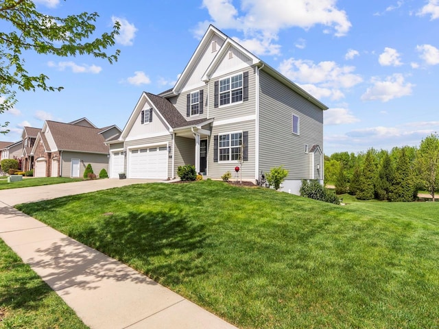traditional-style home with an attached garage, board and batten siding, driveway, and a front yard
