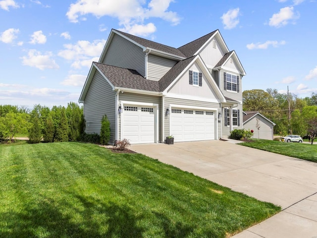 exterior space with a garage, a front lawn, roof with shingles, board and batten siding, and concrete driveway