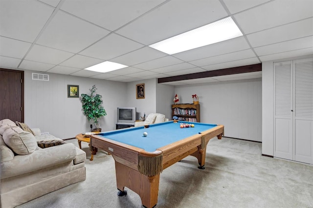 game room with visible vents, billiards, carpet, and a drop ceiling