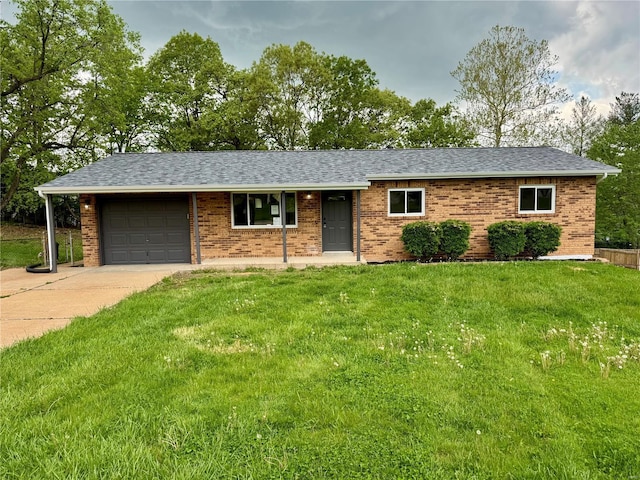 ranch-style house featuring concrete driveway, brick siding, a front lawn, and a garage