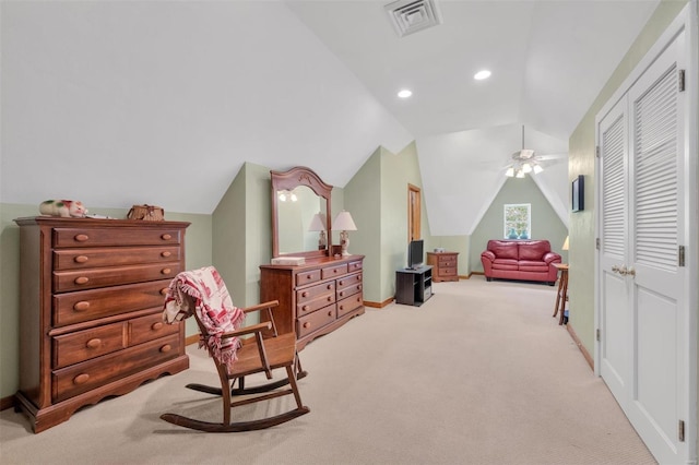 bedroom with light carpet, visible vents, recessed lighting, baseboards, and vaulted ceiling