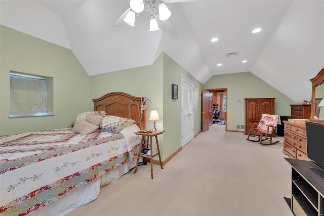 bedroom featuring visible vents, a ceiling fan, baseboards, carpet flooring, and vaulted ceiling