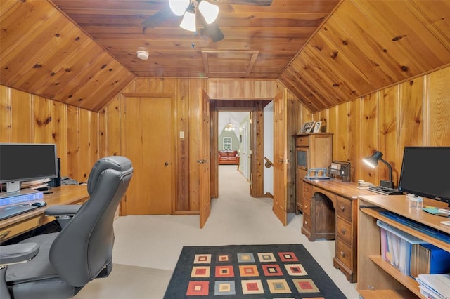 home office featuring a ceiling fan, lofted ceiling, wooden walls, and wooden ceiling