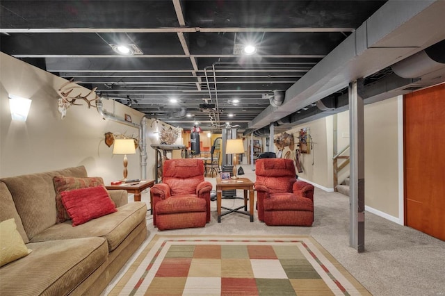 finished below grade area featuring stairway, carpet floors, and baseboards