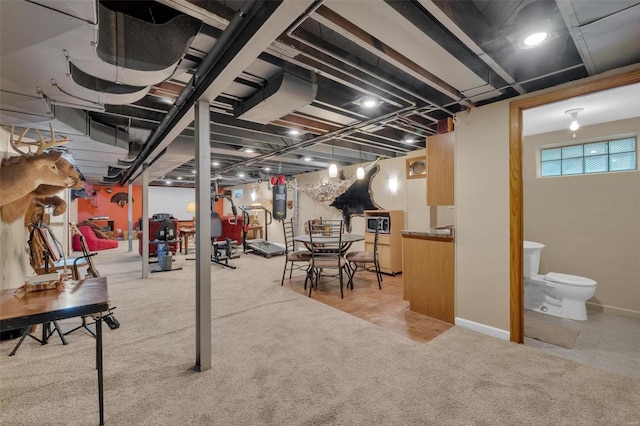 basement with carpet flooring