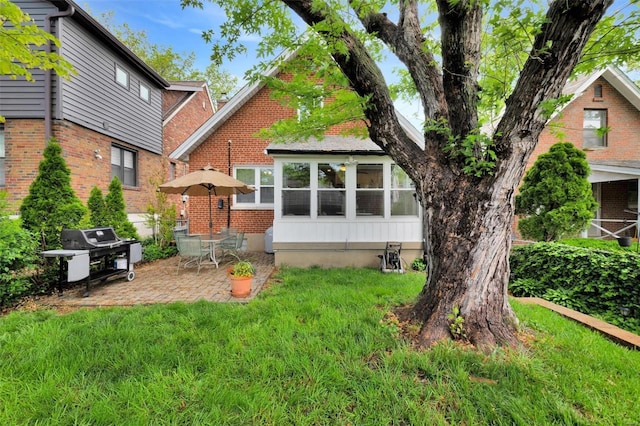 back of property with a patio area and a yard