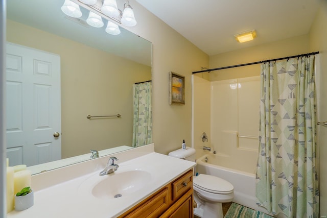 full bath with toilet, shower / tub combo, and vanity
