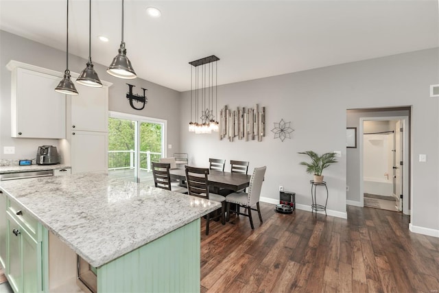 kitchen featuring visible vents, baseboards, dark wood-type flooring, recessed lighting, and white cabinets