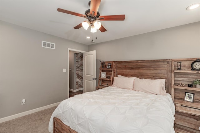 carpeted bedroom with visible vents, recessed lighting, baseboards, and a ceiling fan