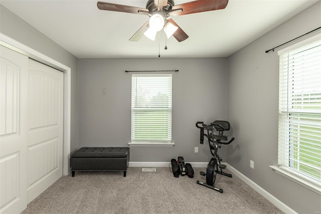 workout room with ceiling fan, visible vents, baseboards, and carpet