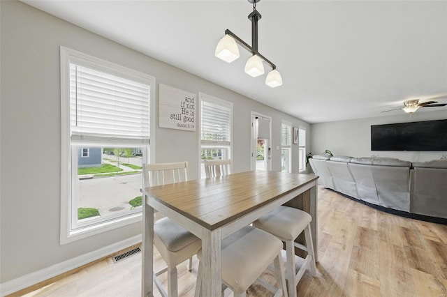dining space featuring visible vents, a ceiling fan, light wood finished floors, and baseboards