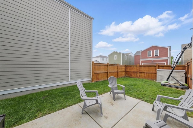 view of patio featuring a fenced backyard, central air condition unit, and a residential view