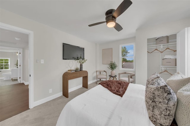 bedroom featuring carpet, ceiling fan, and baseboards