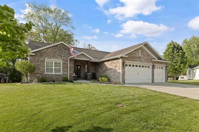 view of front of home with concrete driveway, brick siding, an attached garage, and a front lawn