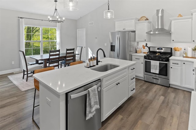 kitchen featuring a kitchen island with sink, wall chimney range hood, light countertops, a sink, and stainless steel appliances