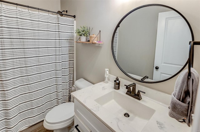 full bathroom with toilet, a shower with shower curtain, and vanity