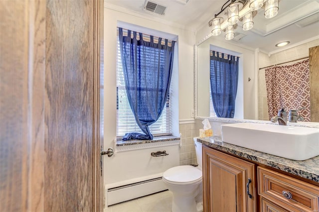 full bathroom with a baseboard radiator, tile walls, tile patterned floors, toilet, and ornamental molding