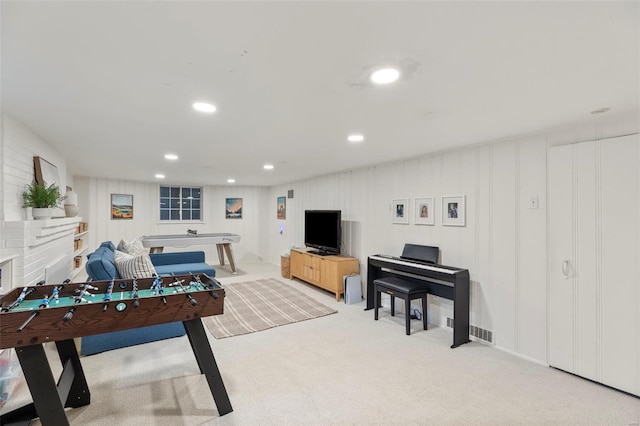 rec room featuring recessed lighting, carpet flooring, and pool table