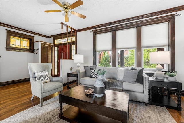 living area with crown molding, a textured ceiling, ceiling fan, and wood finished floors