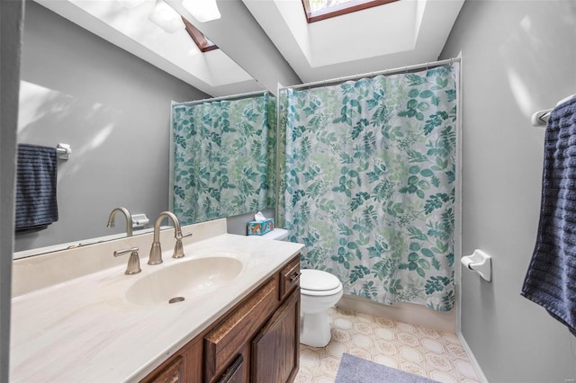 bathroom with baseboards, toilet, shower / bath combination with curtain, vanity, and a skylight