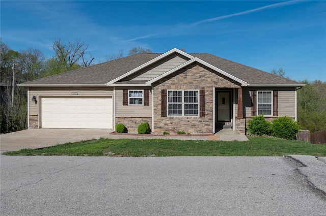 craftsman inspired home with driveway, stone siding, roof with shingles, a front yard, and a garage