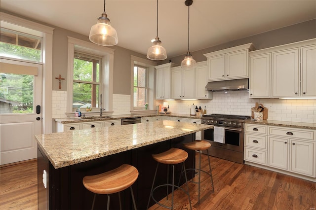 kitchen featuring a center island, under cabinet range hood, white cabinets, dark wood finished floors, and stainless steel appliances