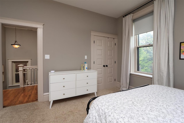 bedroom featuring carpet flooring and a closet