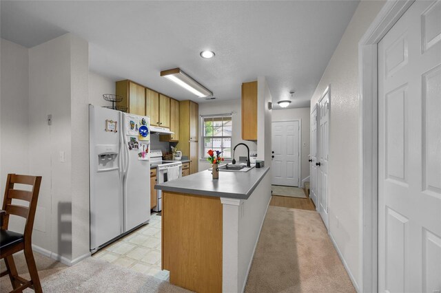kitchen featuring a peninsula, white appliances, baseboards, under cabinet range hood, and a sink