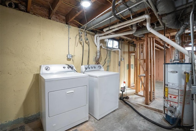 laundry room featuring laundry area, washing machine and dryer, and gas water heater