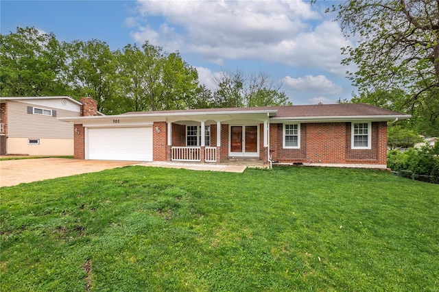 ranch-style house featuring an attached garage, driveway, covered porch, and brick siding