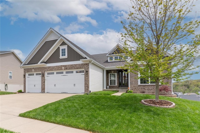 craftsman inspired home featuring board and batten siding, brick siding, a garage, driveway, and a front lawn