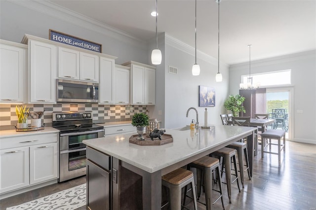 kitchen featuring tasteful backsplash, a sink, visible vents, stainless steel appliances, and ornamental molding