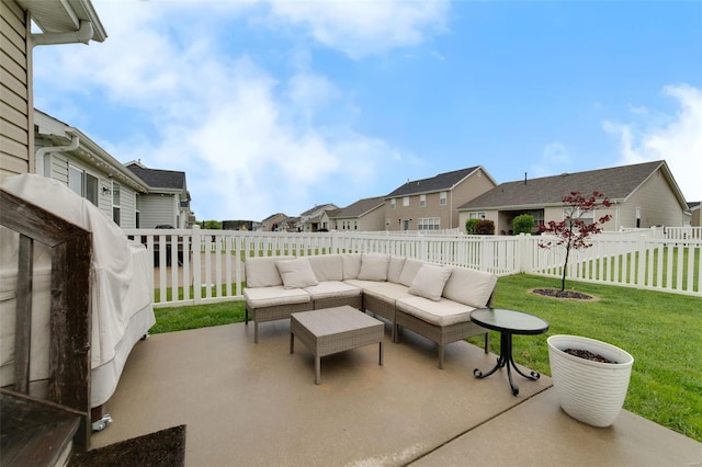 view of patio / terrace with a residential view, an outdoor hangout area, and fence private yard