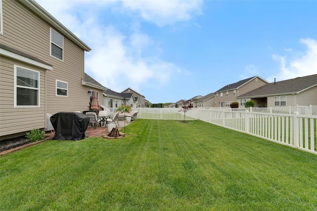 view of yard with a residential view, a patio, and a fenced backyard