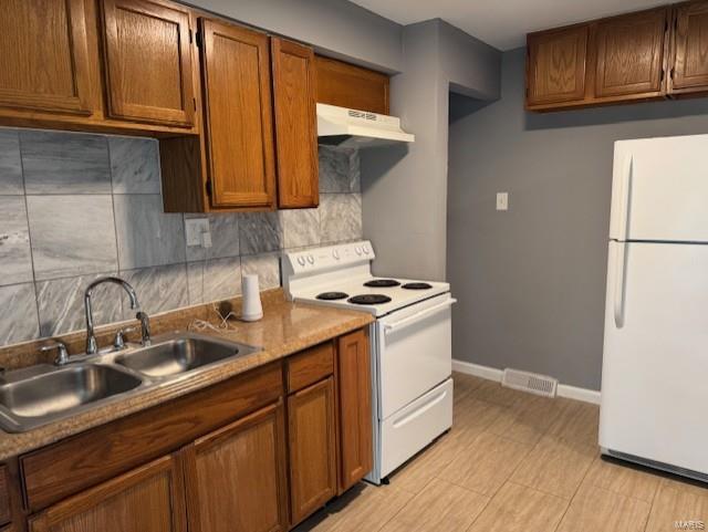 kitchen with a sink, white appliances, decorative backsplash, under cabinet range hood, and visible vents