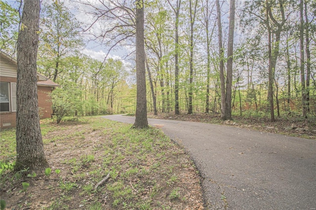 view of road featuring a wooded view