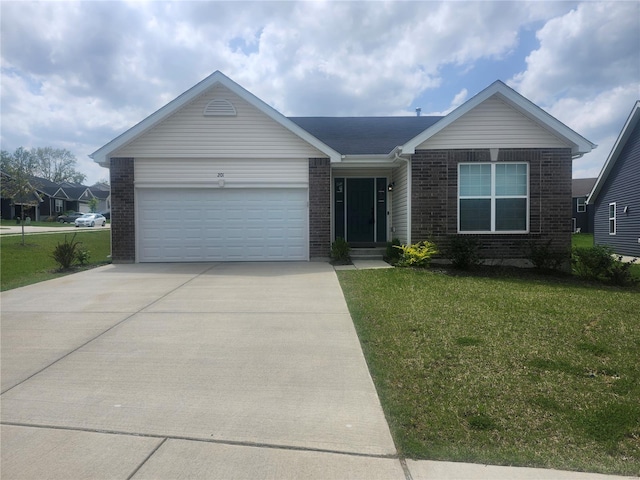 single story home with a garage, brick siding, driveway, and a front yard