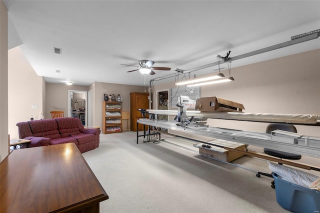 living area with a ceiling fan, visible vents, and light carpet