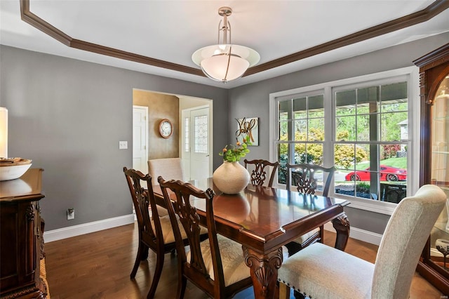 dining area with a raised ceiling, baseboards, and wood finished floors