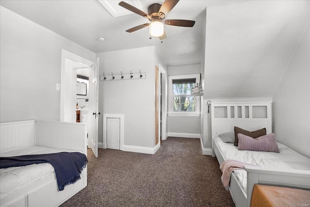 carpeted bedroom featuring baseboards and ceiling fan