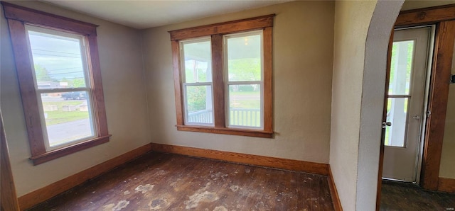 spare room featuring a healthy amount of sunlight, baseboards, and dark wood finished floors