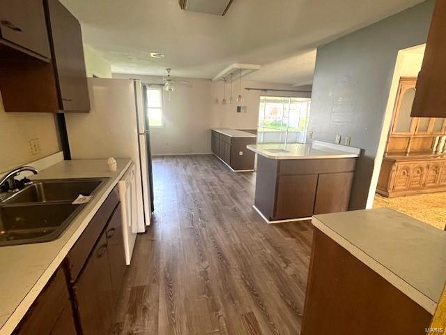 kitchen featuring dark wood-type flooring, light countertops, plenty of natural light, and a sink