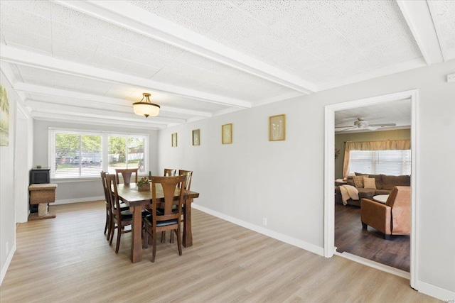 dining area featuring baseboards, ceiling fan, beam ceiling, and light wood-style flooring